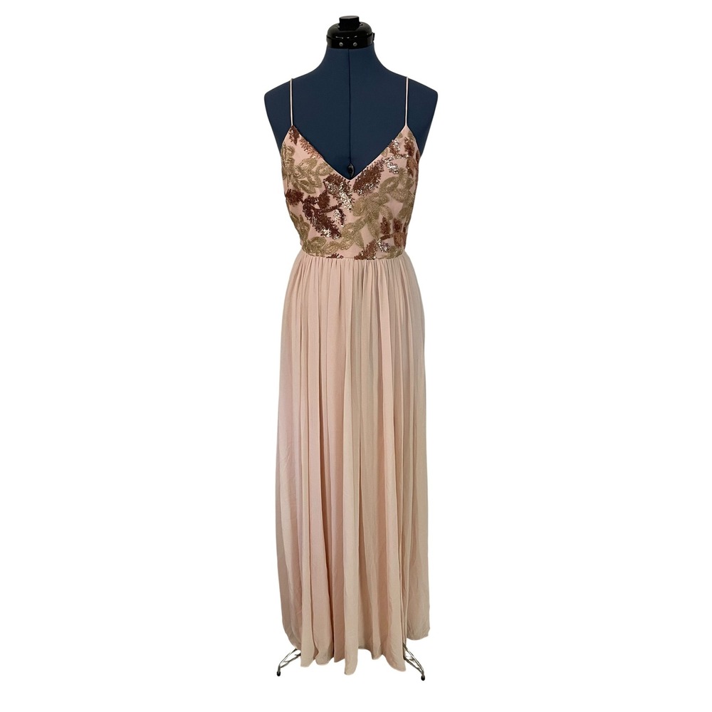 Belle Badgley Mischka Pink Gold Sequin Floral Bodice Pleated Formal Gown Prom 4
